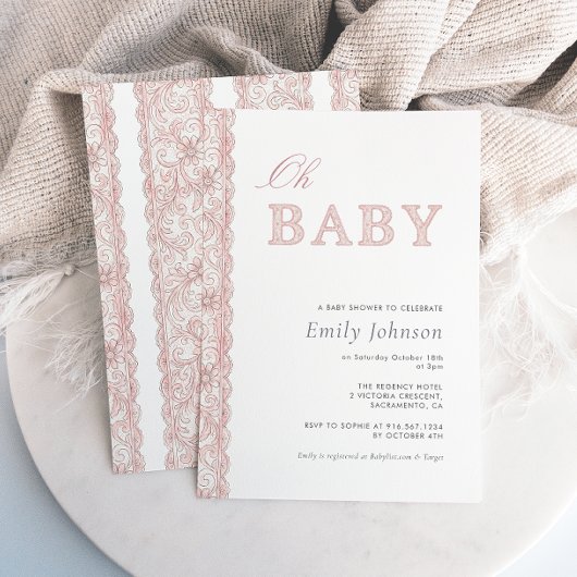 ピンクレースの「Oh Baby Girl」ベビーシャワー招待状 招待状