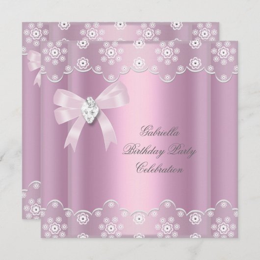 ピンクレースエレガントバースデーパーティードダイヤモンドボウ 招待状 (正面/裏面)