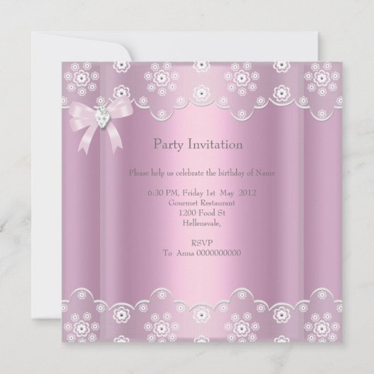 ピンクレースエレガントバースデーパーティードダイヤモンドボウ 招待状 (裏面)