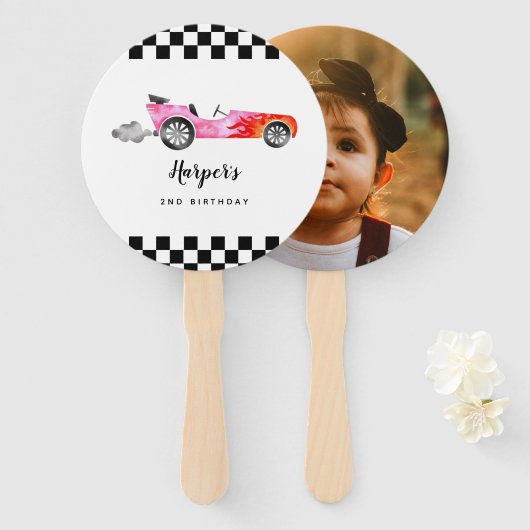 ピンクレースカーガールバースデーパーティフォトハンドファン ハンドファン (正面&裏面)