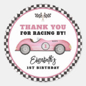 ピンクレースカーファーストワンガールバースデーパーティー ラウンドシール (正面)