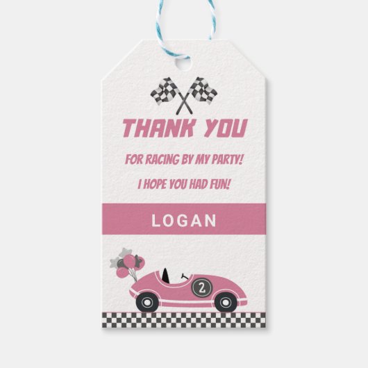 ピンクレースカー誕生日パーティーありがとうギフトラベル ギフトタグ (正面)