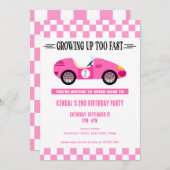 ピンクレースカー誕生日、レーシングカーヴィンテージ 招待状 (正面/裏面)