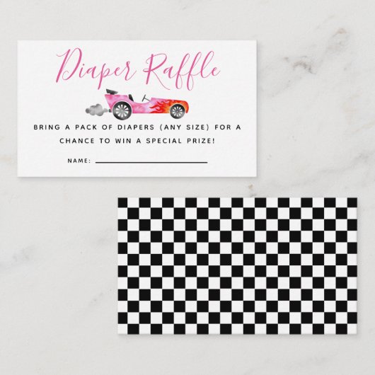 ピンクレースカー赤ちゃんシャワーおむつラッフルチケット エンクロージャーカード (正面/裏面)