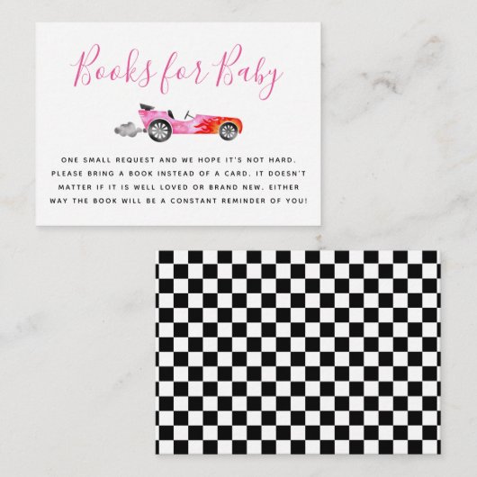 ピンクレースカー赤ちゃんシャワー予約リクエスト エンクロージャーカード (正面/裏面)