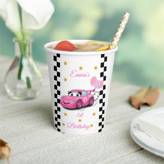 ピンクレースカー金ゴールドスターズバースデーパーティー 紙コップ (インサイチュ)