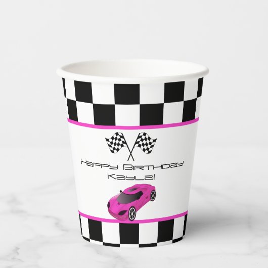 ピンクレースカー |子供の誕生日パーティー 紙コップ (正面)