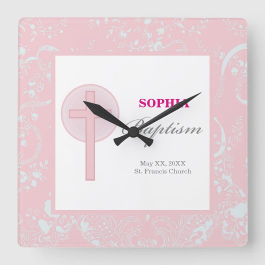 ピンクレースガールバプテスマ スクエア壁時計 (正面)