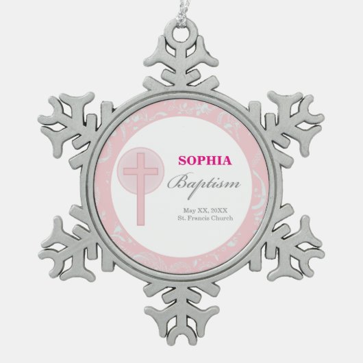 ピンクレースガールバプテスマ スノーフレークピューターオーナメント (正面)