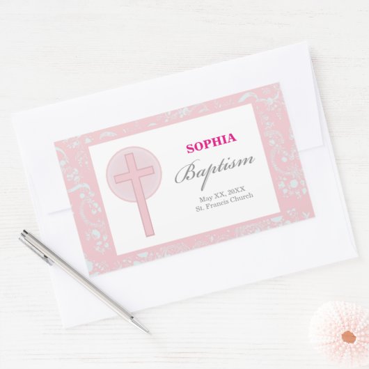 ピンクレースガールバプテスマ 長方形シール (封筒)