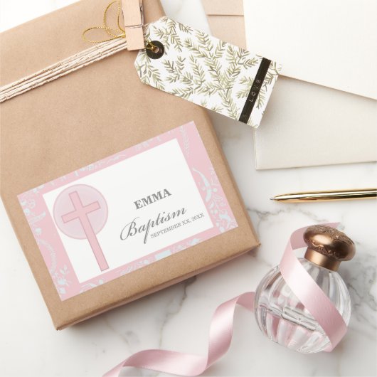 ピンクレースガールパーソナライズされたバプテスマ 長方形シール (ギフト)