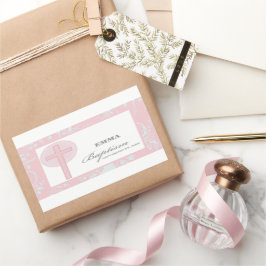 ピンクレースガールパーソナライズされたバプテスマ 長方形シール