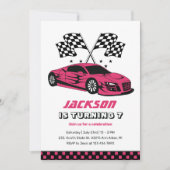 ピンクレースクレーシングキッズボーイズ誕生日 招待状 (正面)