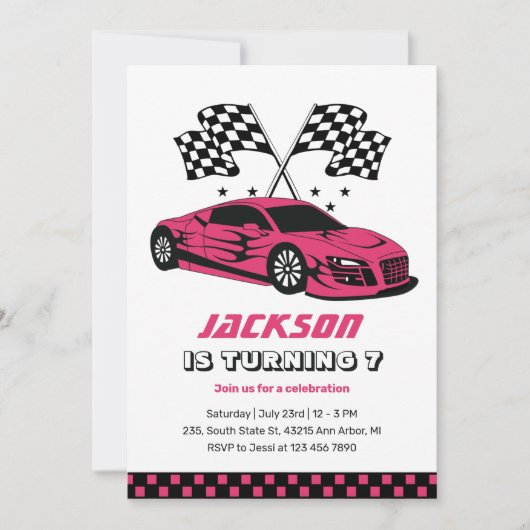 ピンクレースクレーシングキッズボーイズ誕生日 招待状 (正面)