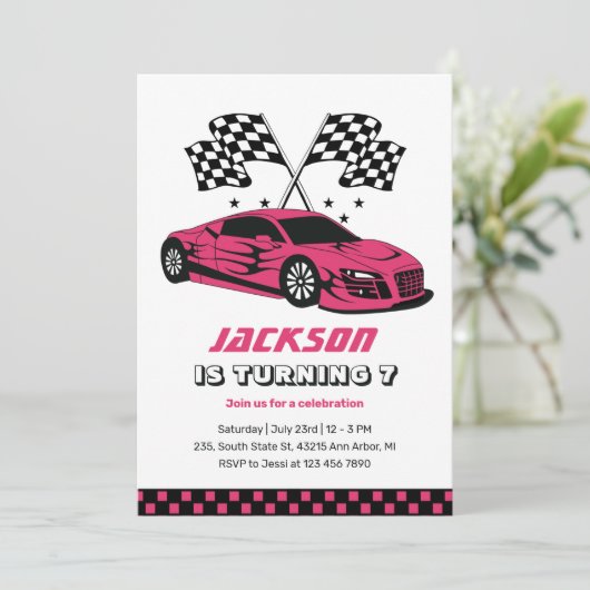 ピンクレースクレーシングキッズボーイズ誕生日 招待状 (スタンド正面)