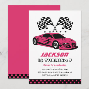 ピンクレースクレーシングキッズボーイズ誕生日 招待状