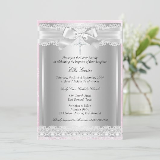 ピンクレースクロスバプテスマ/《キリスト教》洗礼式や命名式招待状 招待状 (スタンド正面)
