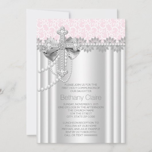 ピンクレースクロスファースト聖餐式 招待状 (正面)