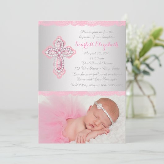 ピンクレースクロスフォトバプテスマ《キリスト教》洗礼式や命名式 招待状 (スタンド正面)