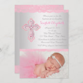 ピンクレースクロスフォトバプテスマ《キリスト教》洗礼式や命名式 招待状 (正面/裏面)