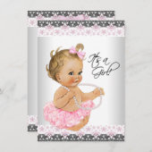 ピンクレースピンクグレーベビーガールシャワー 招待状 (正面/裏面)