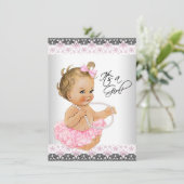 ピンクレースピンクグレーベビーガールシャワー 招待状 (スタンド正面)