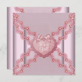ピンクレースピンクパールハートピンクベビーガールシャワー 招待状 (正面/裏面)