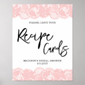 ピンクレースブライダルシャワーレシピカードサイン ポスター (正面)