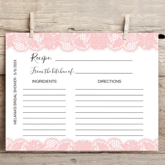 ピンクレースブライダルシャワーレシピカード