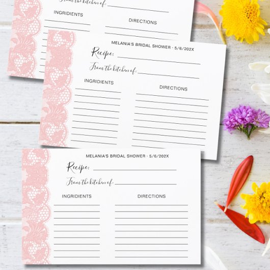 ピンクレースブライダルシャワーレシピカード
