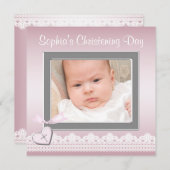 ピンクレースベビーガールフォト《キリスト教》洗礼式や命名式 招待状 (正面/裏面)