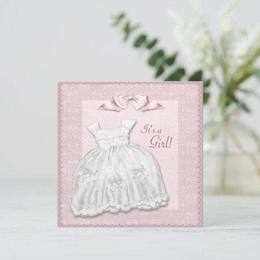 ピンクレースホワイトドレスピンクベビーガールシャワー 招待状 (スタンド正面)