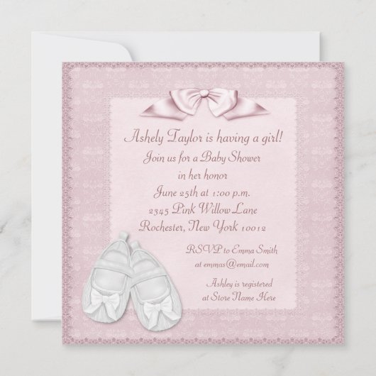 ピンクレースホワイトドレスピンクベビーガールシャワー 招待状 (裏面)