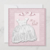 ピンクレースホワイトドレスピンクベビーガールシャワー 招待状 (正面)