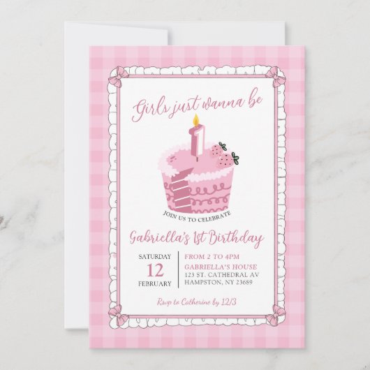 ピンクレースボーガールジャストワンワン誕生日 招待状 (正面)