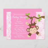 ピンクレースモンキーベビーガールシャワー 招待状 (正面/裏面)