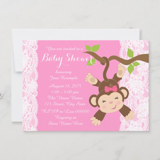 ピンクレースモンキーベビーガールシャワー 招待状 (正面)