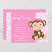 ピンクレースモンキーベビーガールシャワー 招待状 (正面/裏面)