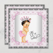 ピンクレース弓ガーリープリンセスベビーシャワー 招待状 (正面/裏面)