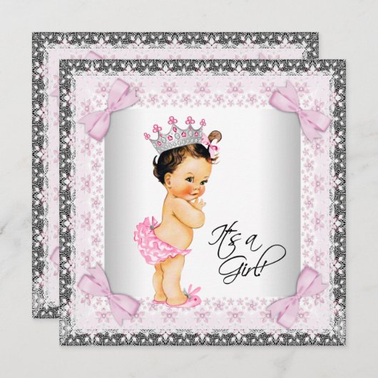 ピンクレース弓ガーリープリンセスベビーシャワー 招待状 (正面/裏面)