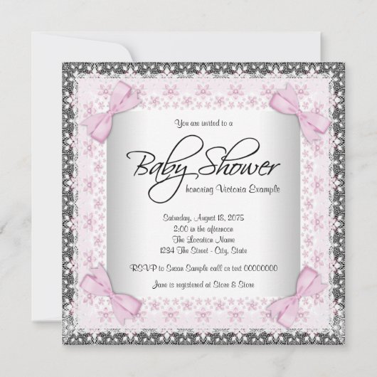 ピンクレース弓ガーリープリンセスベビーシャワー 招待状 (裏面)