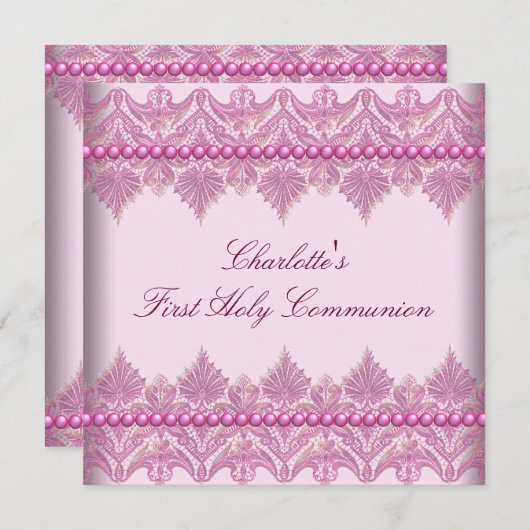 ピンクレース真珠の女の子ピンク1聖餐式 招待状 (正面/裏面)