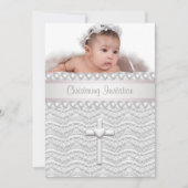 ピンクレース真珠クロスベビーガールフォト《キリスト教》洗礼式や命名式 招待状 (正面)