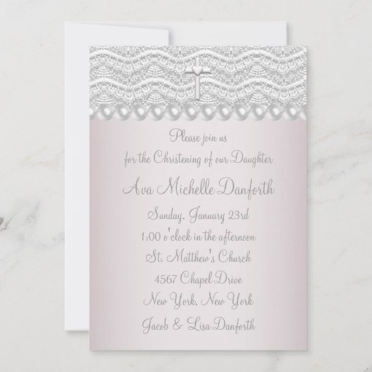 ピンクレース真珠クロスベビーガールフォト《キリスト教》洗礼式や命名式 招待状 (裏面)