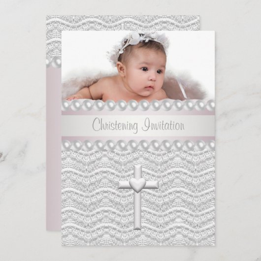 ピンクレース真珠クロスベビーガールフォト《キリスト教》洗礼式や命名式 招待状 (正面/裏面)
