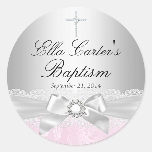 ピンクレース&クロスバプテスステッカー ラウンドシール (正面)