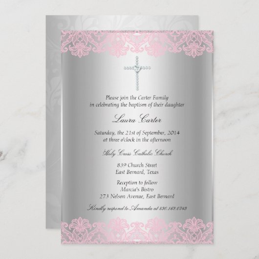 ピンクレース&クロスバプテスマ/《キリスト教》洗礼式や命名式招待状 招待状 (正面/裏面)