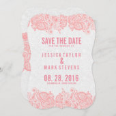 ピンクレース&ホワイトダマスク日付を保存 セーブザデート (正面/裏面)