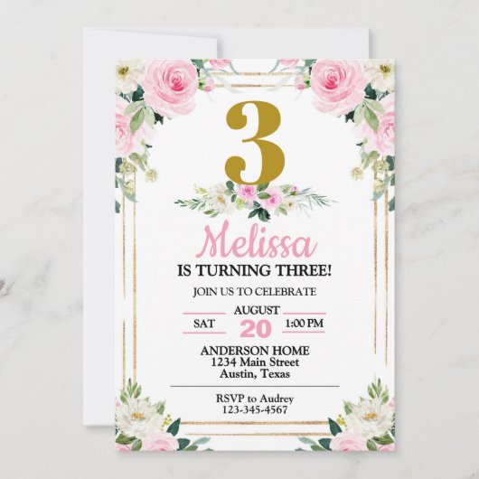 ピンクロかわいらしーズエイジ誕生日パーティー 招待状 (正面)