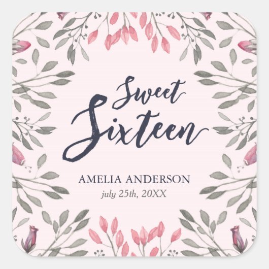 ピンクロエレガントゼスフローラスウィート16誕生日 スクエアシール (正面)